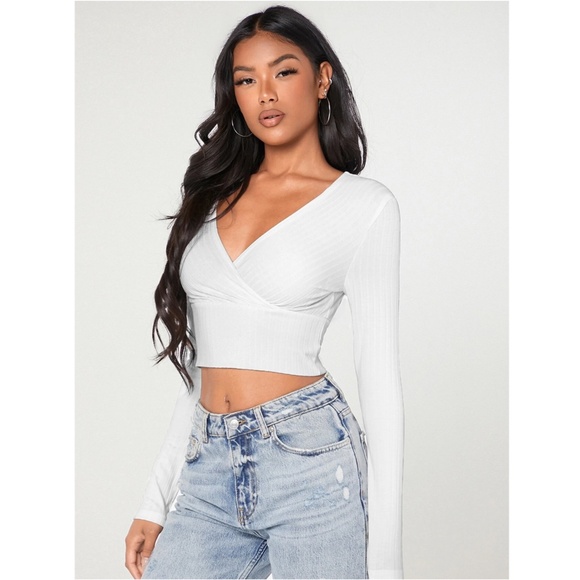 Deep V Neck Long Sleeve Rib-knit White Crop Top - Picture 6 of 13